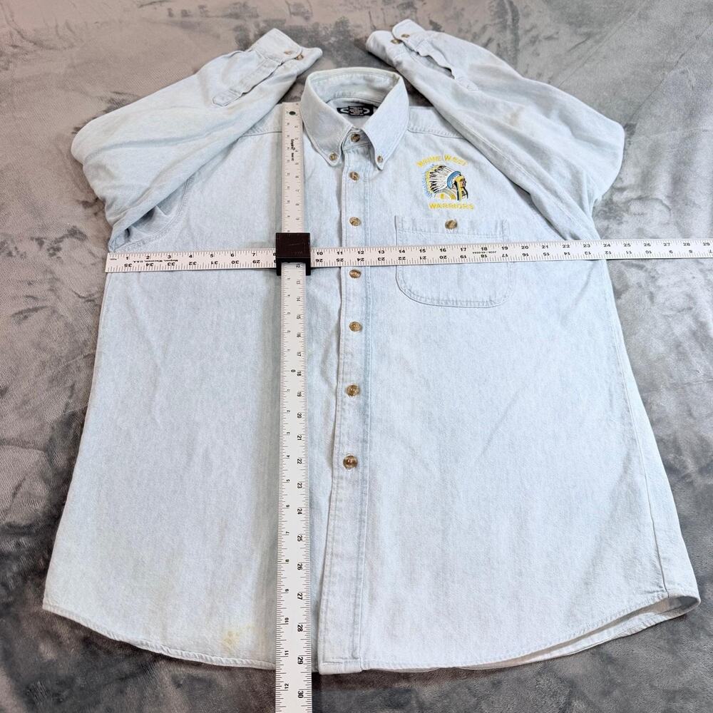 VTG 90s Tree Rivers Maine West Worriers Embroidered Denim Shirt Sz M Distressed - Picture 6 of 11